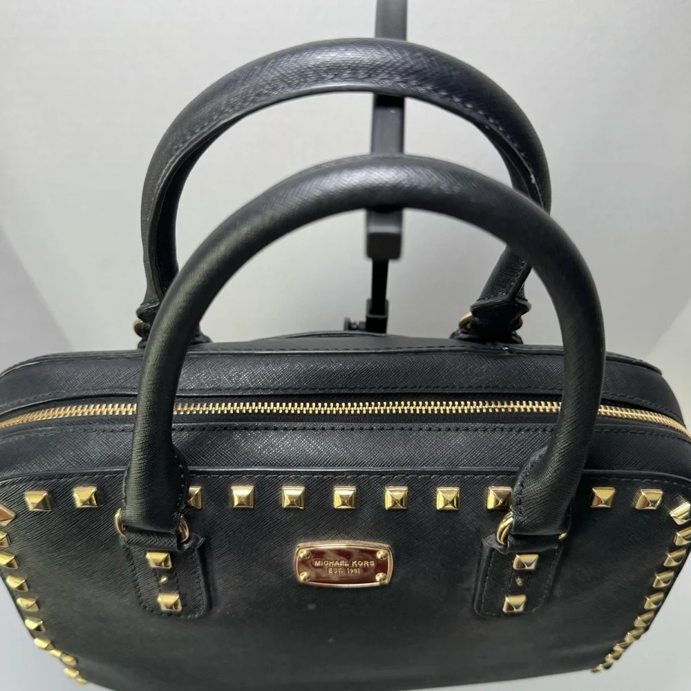 Michael Kors Sandrine Studded Satchel in Black Saffiano Leather w/ Gold Hardware